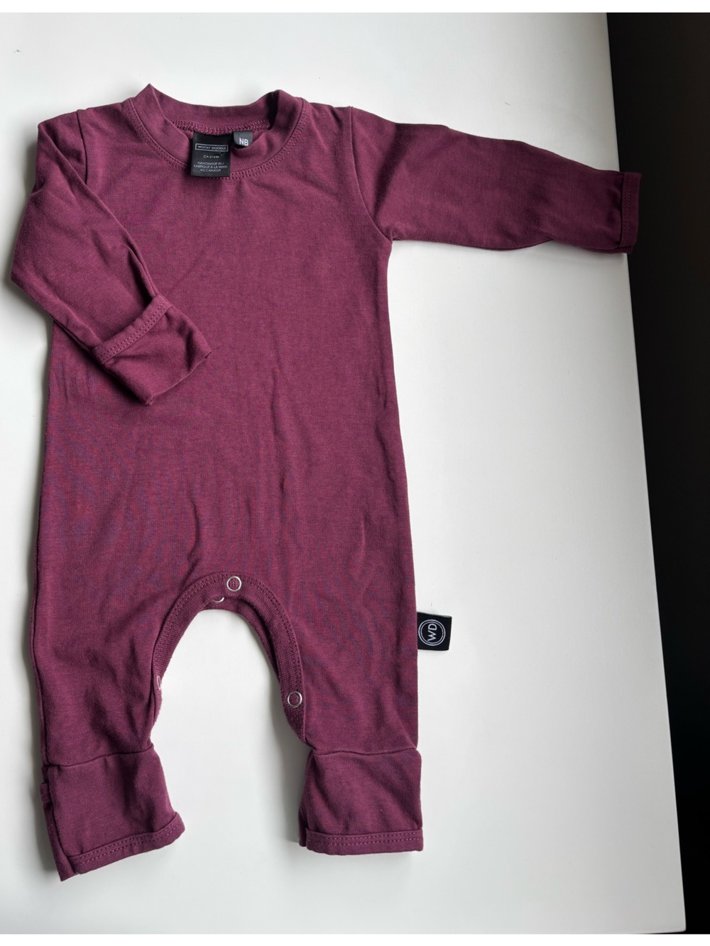 Wooly doodle baby newborn romper foldover hands and feet plum purple